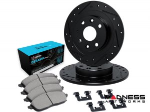 Mazda Miata MX-5 Brake Kit - Front - R1 Concepts - Ceramic Brake Pads - eLINE Black Drilled + Slotted Rotors w/ Bembo Brakes